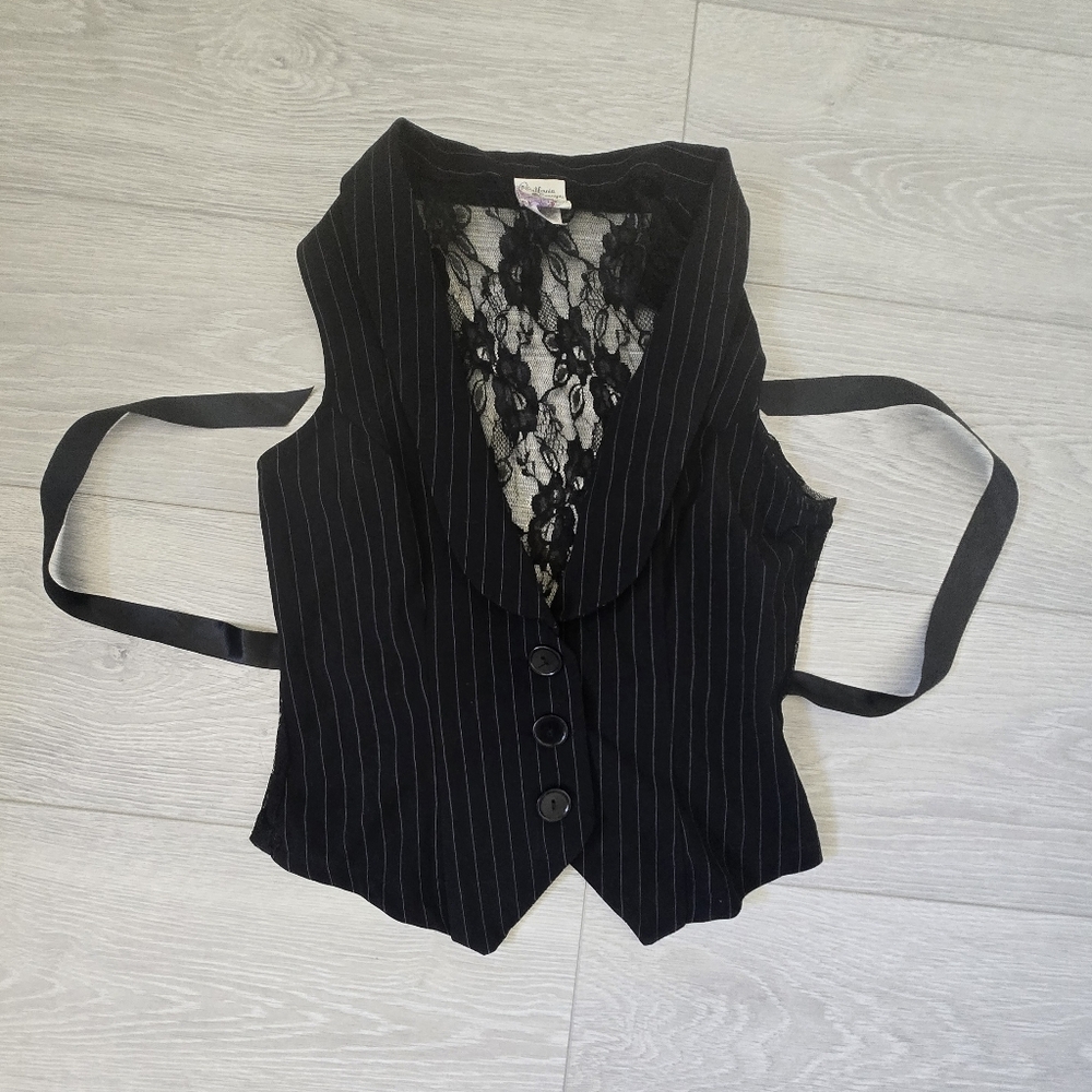 Black Pinstripe Lace-Back Vest Top